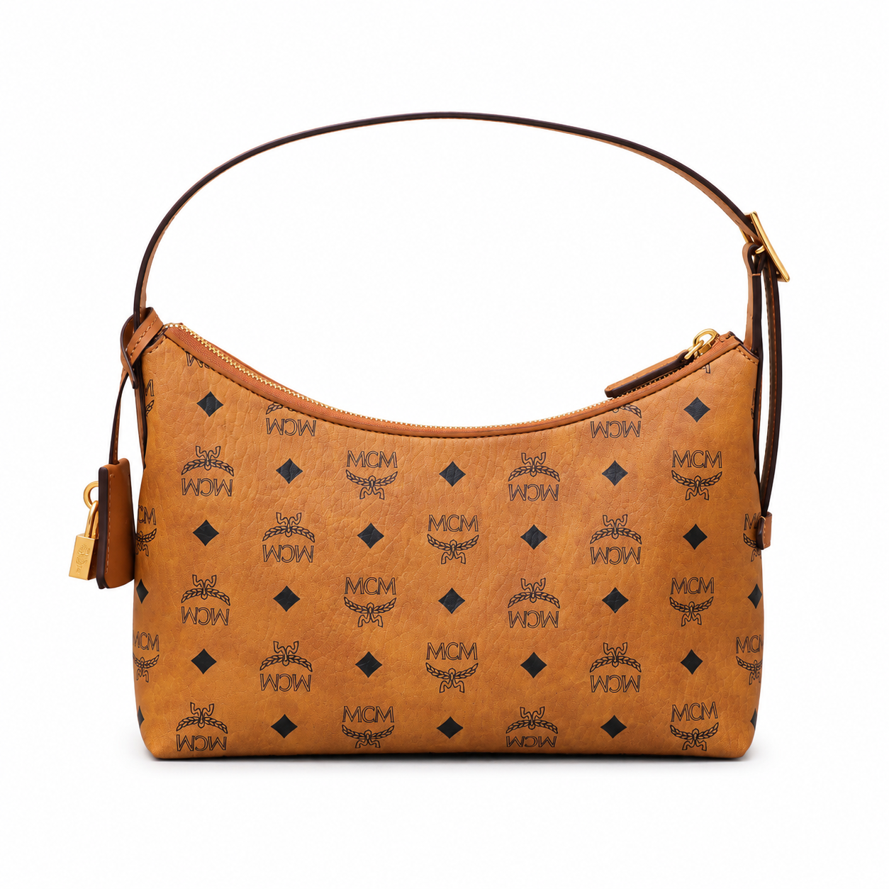 MCM Aren Visetos Hobo Bag – Cognac Monogram, Padlock Tag, Leather Strap