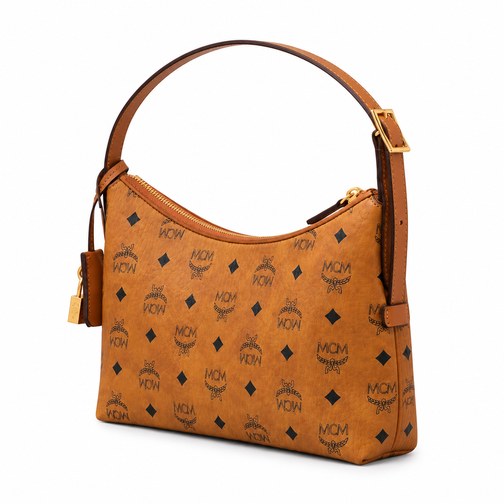 MCM Aren Visetos Hobo Bag – Cognac Monogram, Padlock Tag, Leather Strap