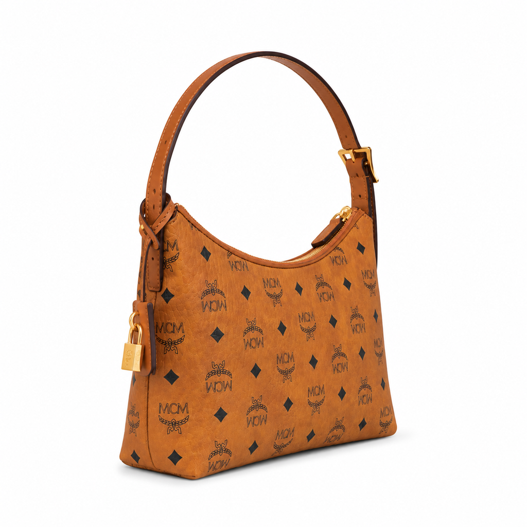 MCM Aren Visetos Hobo Bag – Cognac Monogram, Padlock Tag, Leather Strap