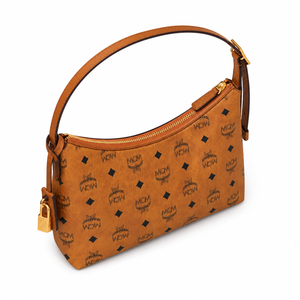 MCM Aren Visetos Hobo Bag – Cognac Monogram, Padlock Tag, Leather Strap