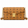MCM Patricia Visetos Chain Flap Bag – Small, Cognac Monogram, Gold Hardware