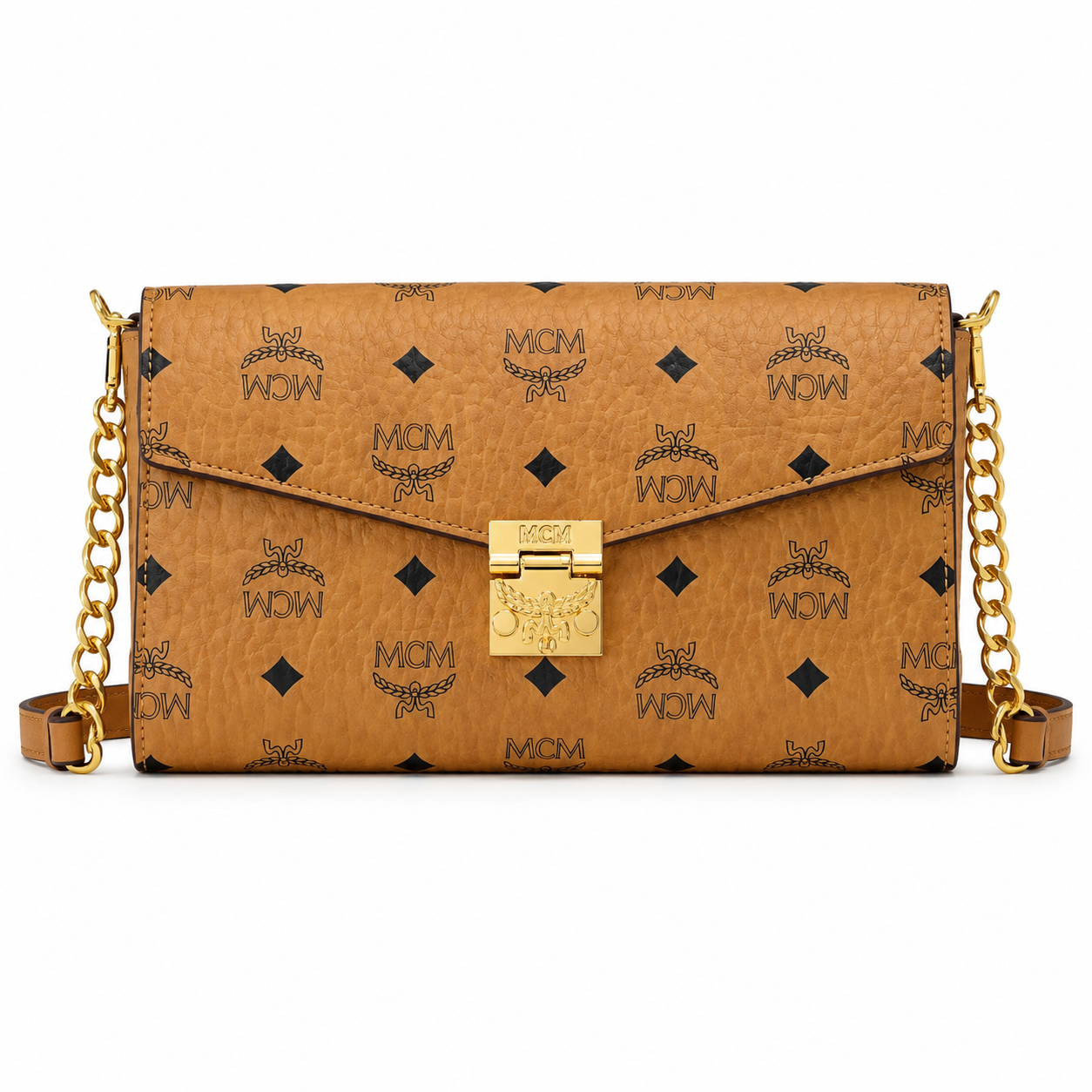 MCM Patricia Visetos Chain Flap Bag – Small, Cognac Monogram, Gold Hardware