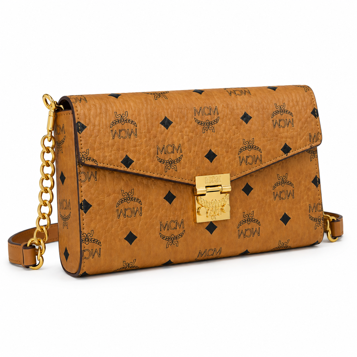 MCM Patricia Visetos Chain Flap Bag – Small, Cognac Monogram, Gold Hardware