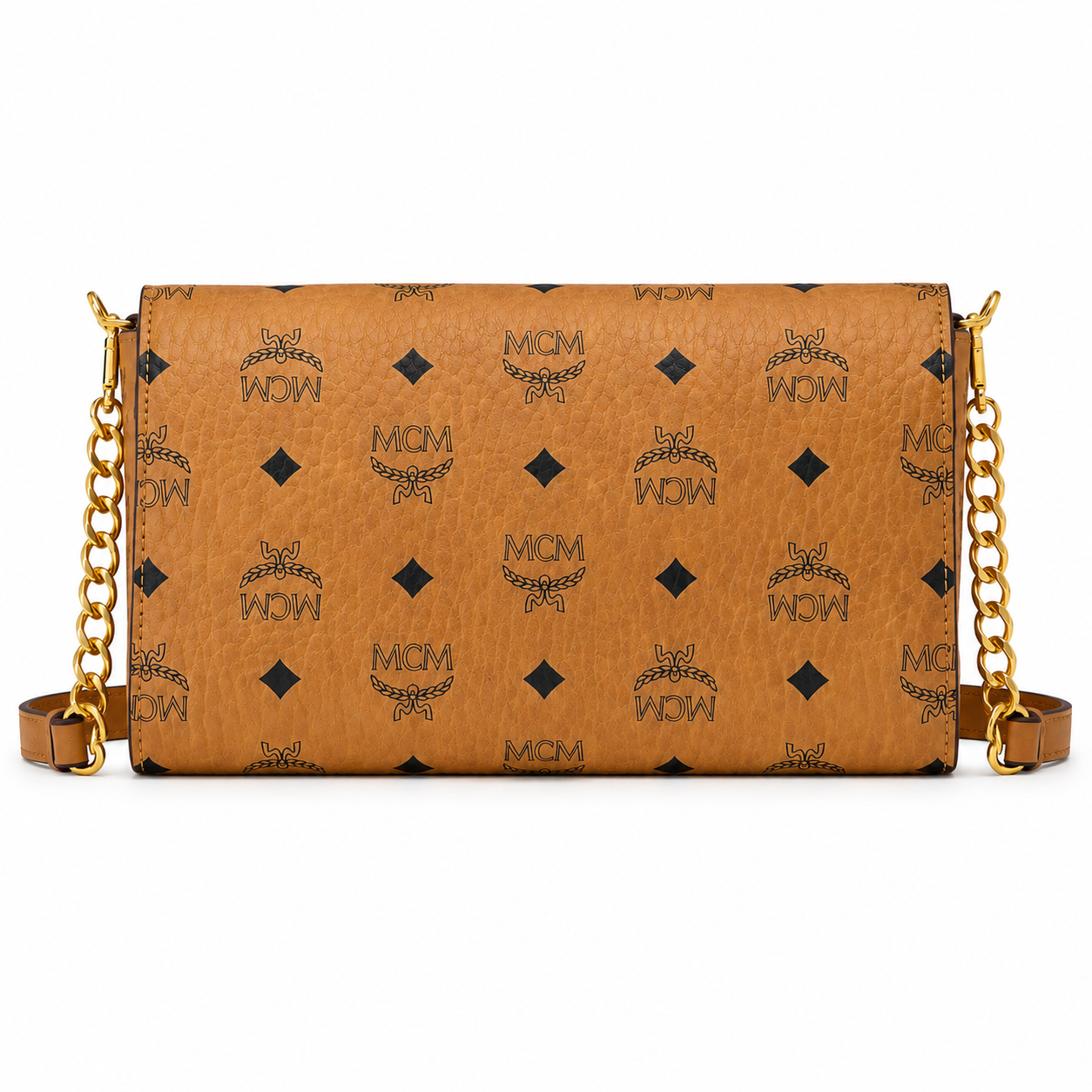 MCM Patricia Visetos Chain Flap Bag – Small, Cognac Monogram, Gold Hardware