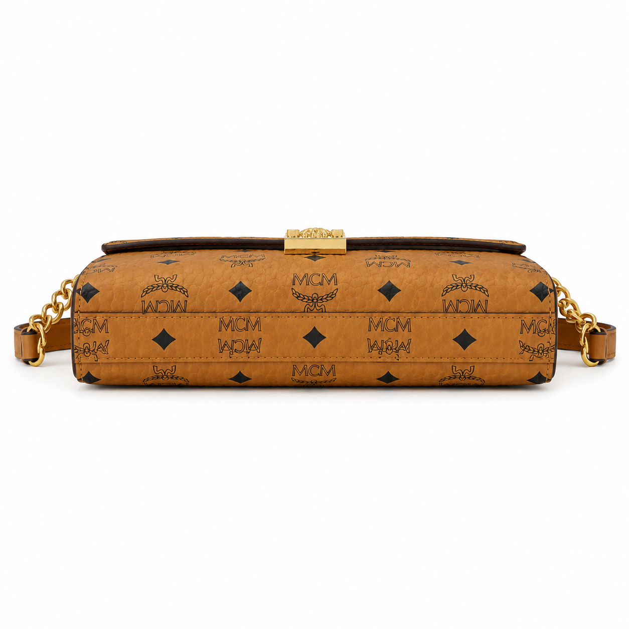 MCM Patricia Visetos Chain Flap Bag – Small, Cognac Monogram, Gold Hardware