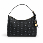 MCM Aren Visetos Hobo Bag – Black Monogram, Gold Padlock, Adjustable Strap