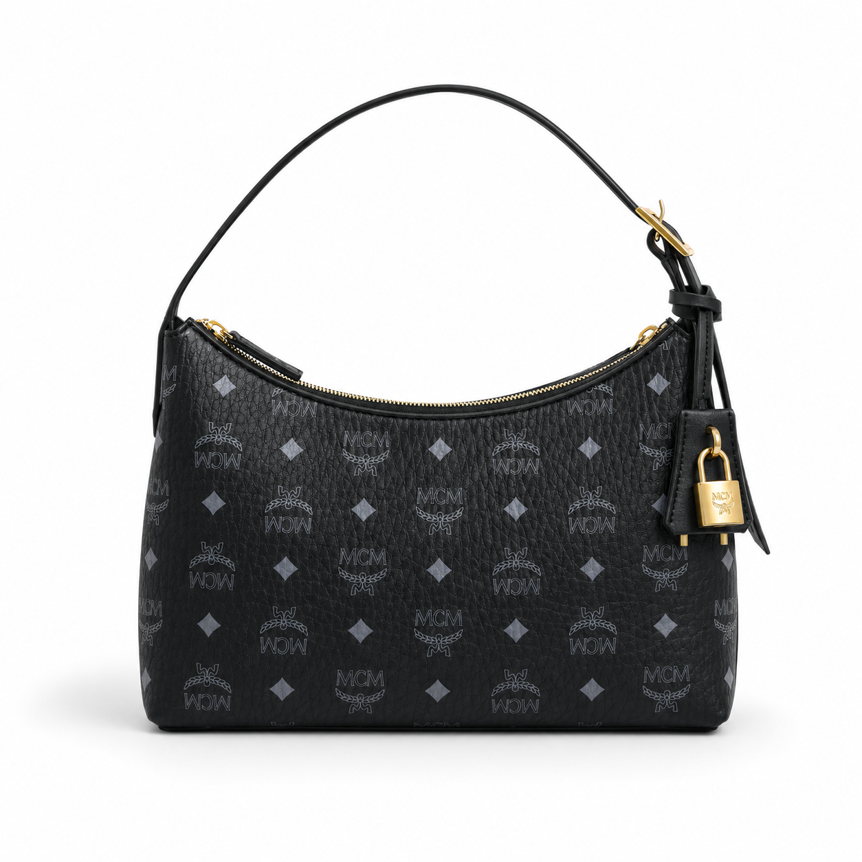 MCM Aren Visetos Hobo Bag – Black Monogram, Gold Padlock, Adjustable Strap