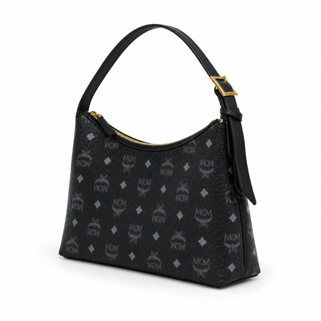 MCM Aren Visetos Hobo Bag – Black Monogram, Gold Padlock, Adjustable Strap