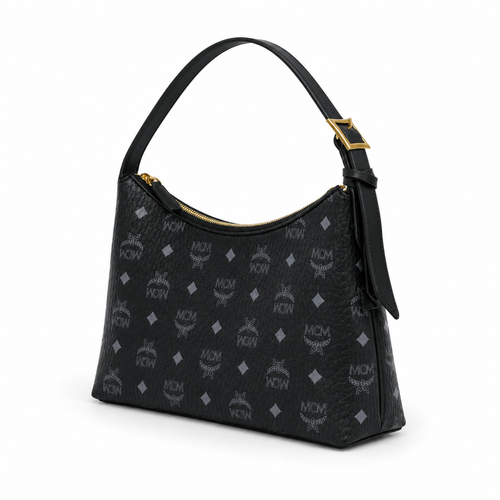 MCM Aren Visetos Hobo Bag – Black Monogram, Gold Padlock, Adjustable Strap
