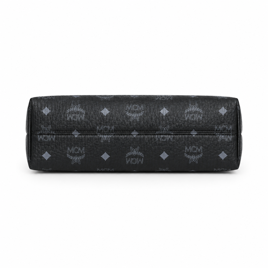 MCM Aren Visetos Hobo Bag – Black Monogram, Gold Padlock, Adjustable Strap
