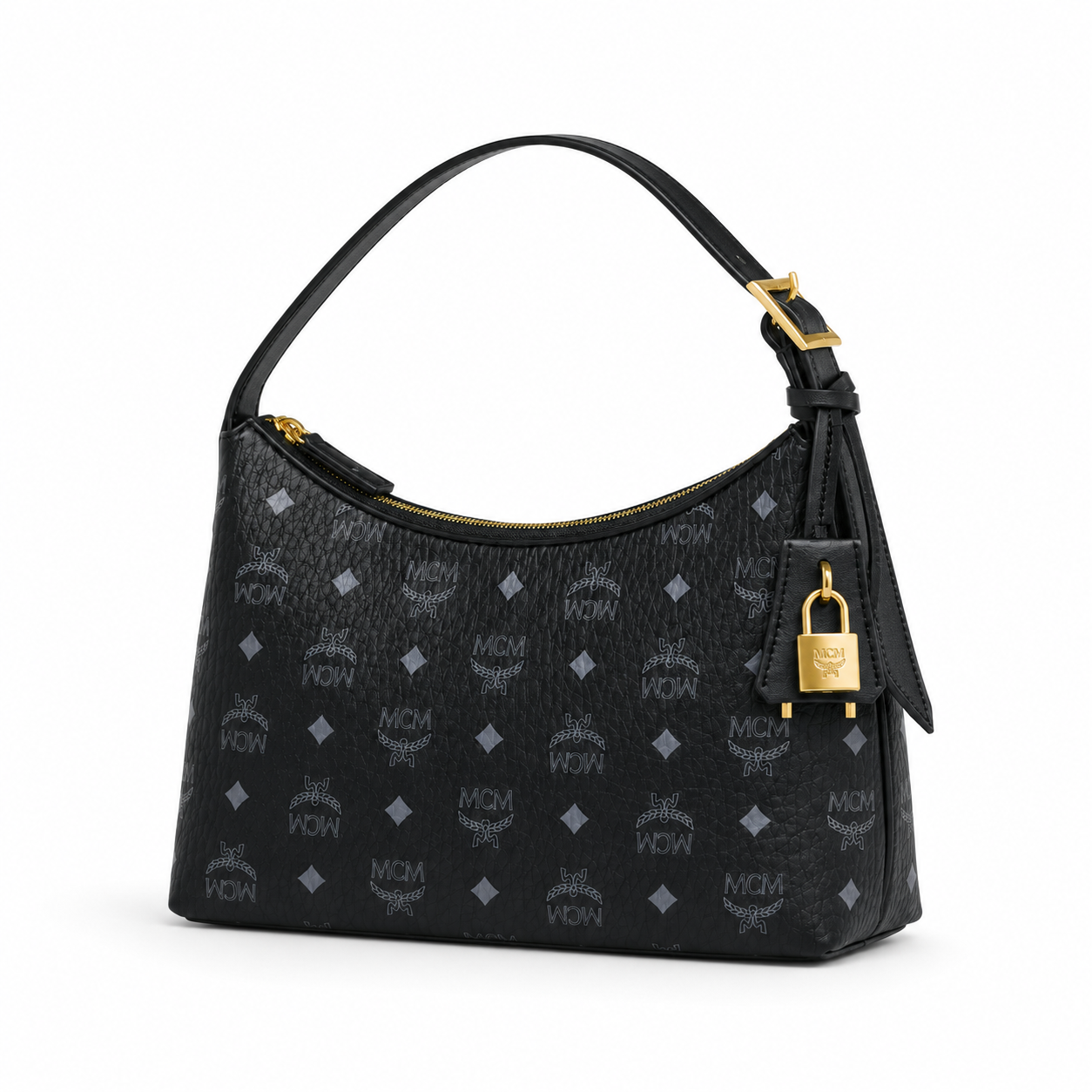 MCM Aren Visetos Hobo Bag – Black Monogram, Gold Padlock, Adjustable Strap