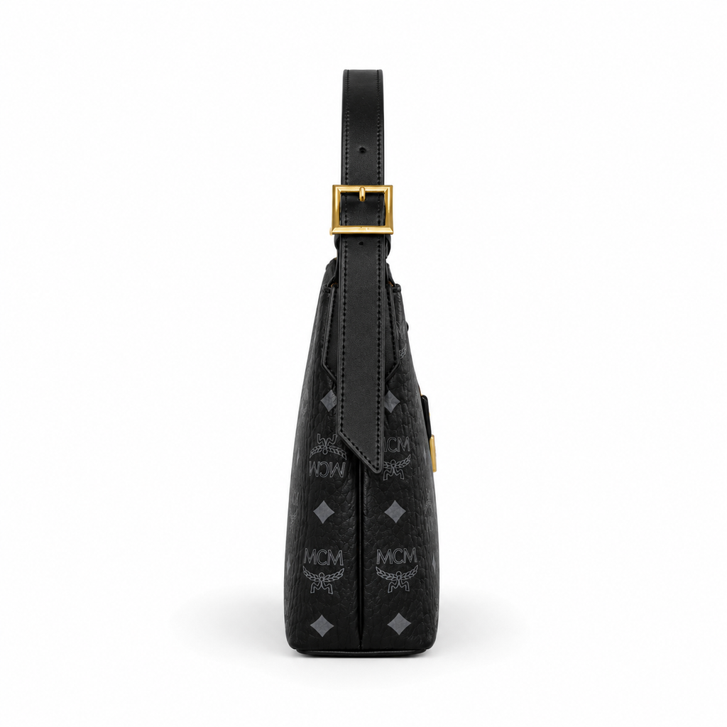 MCM Aren Visetos Hobo Bag – Black Monogram, Gold Padlock, Adjustable Strap