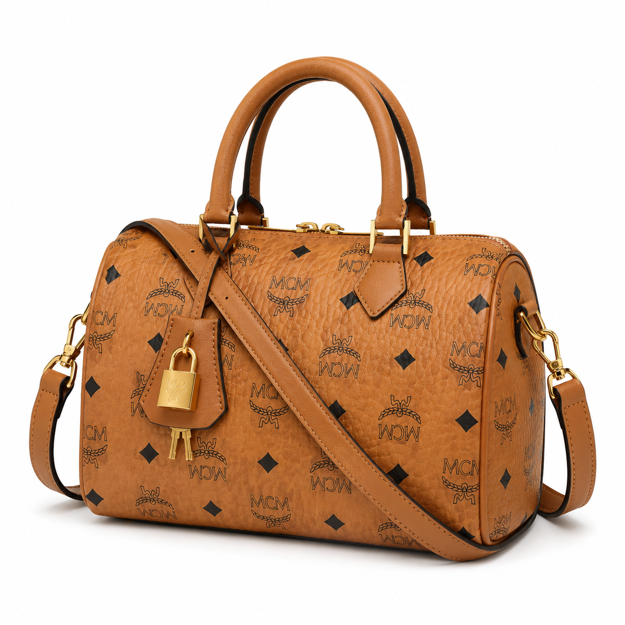 MCM Ella Visetos Boston Bag – Small, Cognac Monogram, Padlock & Leather Strap