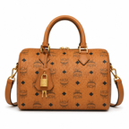 MCM Ella Visetos Boston Bag – Small, Cognac Monogram, Padlock & Leather Strap