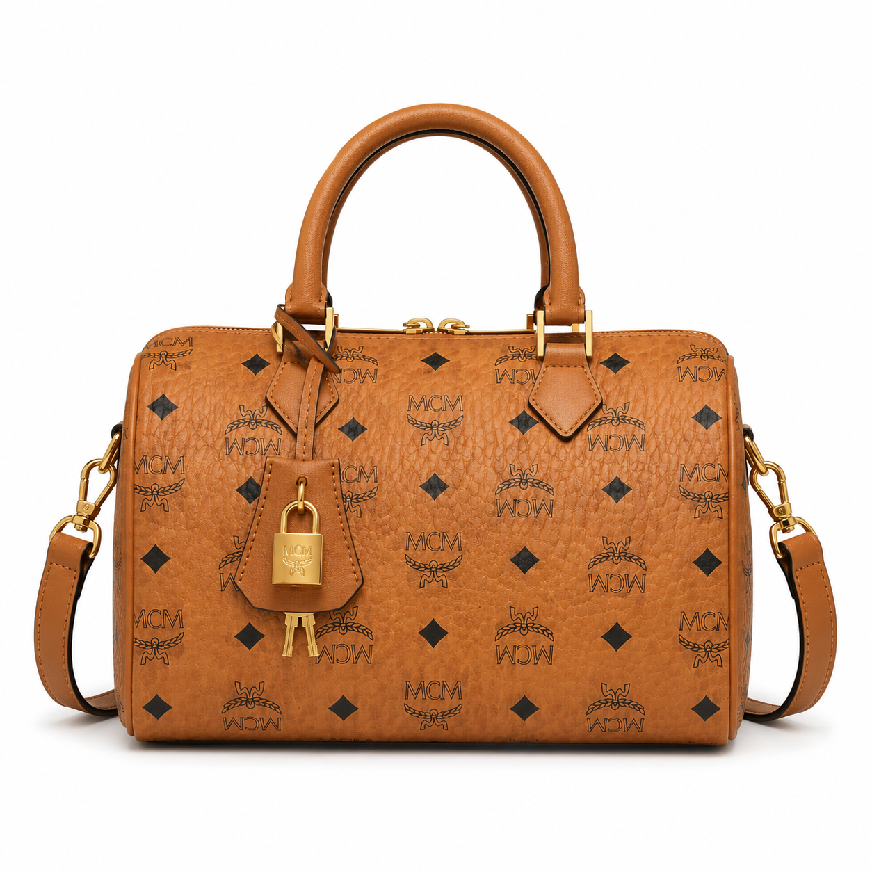 MCM Ella Visetos Boston Bag – Small, Cognac Monogram, Padlock & Leather Strap