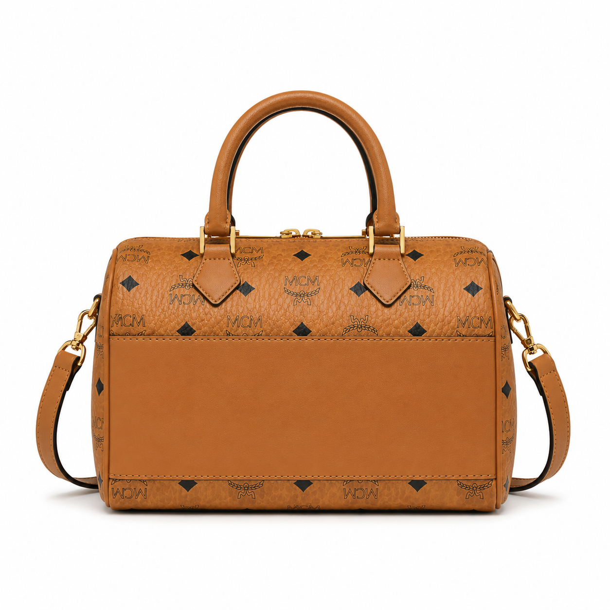 MCM Ella Visetos Boston Bag – Small, Cognac Monogram, Padlock & Leather Strap