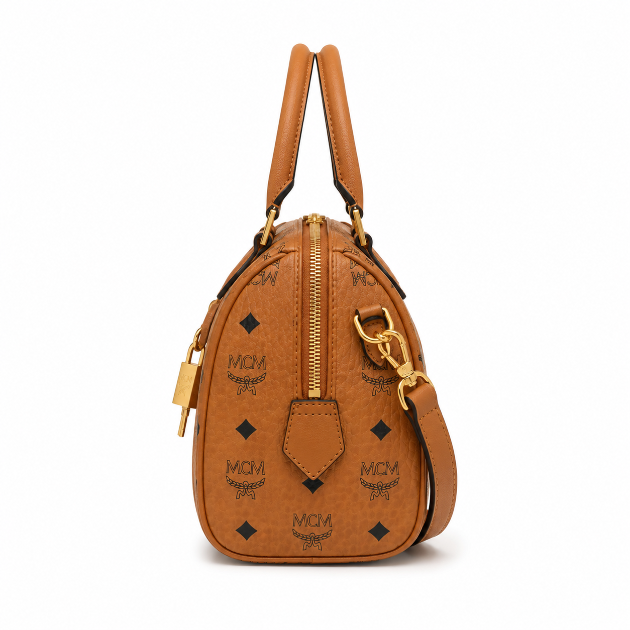 MCM Ella Visetos Boston Bag – Small, Cognac Monogram, Padlock & Leather Strap