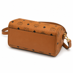 MCM Ella Visetos Boston Bag – Small, Cognac Monogram, Padlock & Leather Strap
