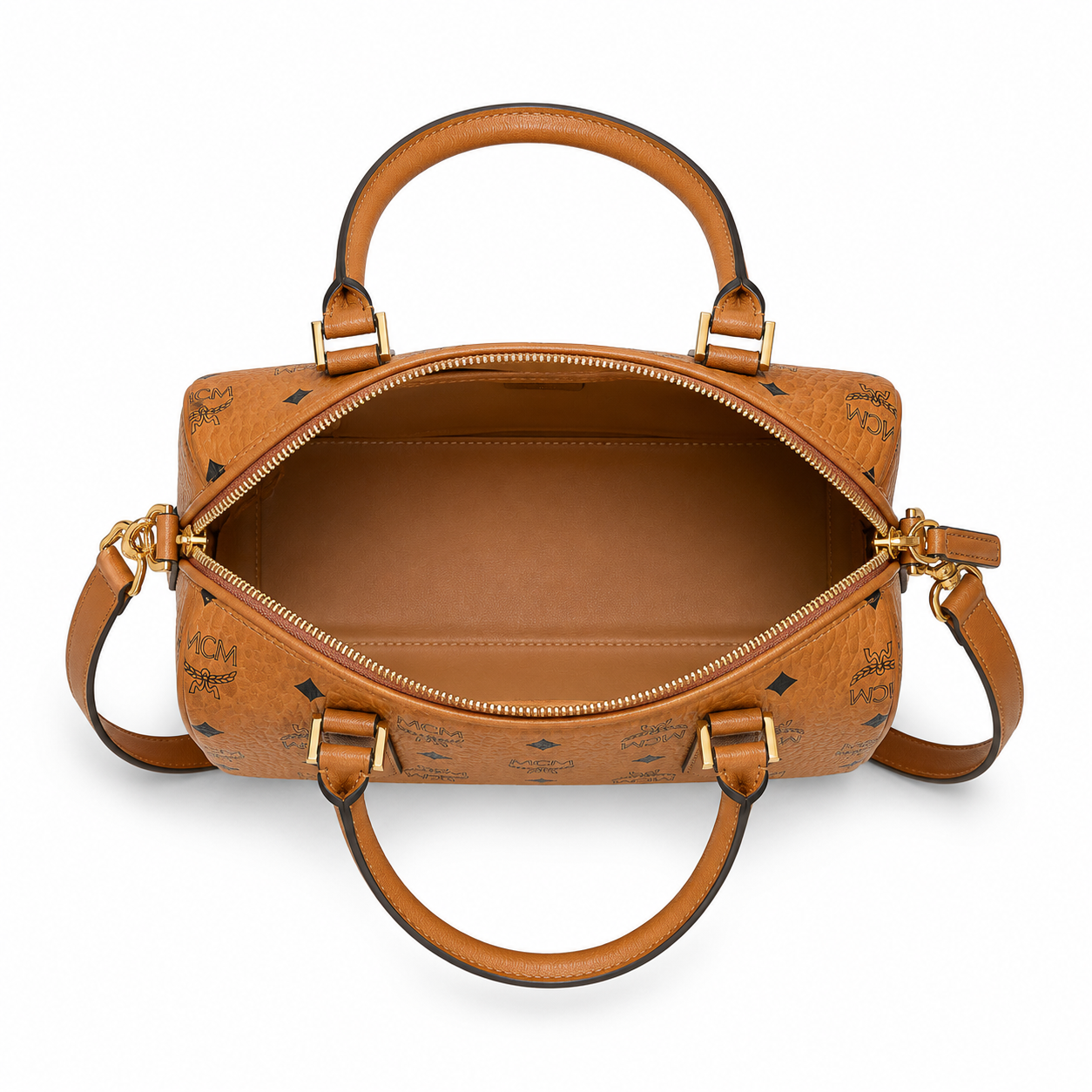 MCM Ella Visetos Boston Bag – Small, Cognac Monogram, Padlock & Leather Strap