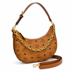 MCM Aren Crescent Hobo Bag – Small Visetos Monogram, Gold Chain, Cognac