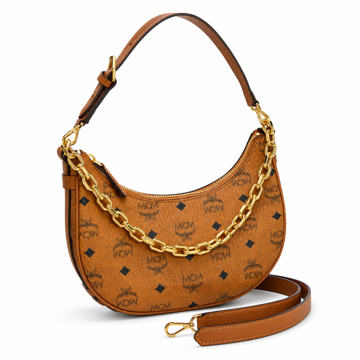 MCM Aren Crescent Hobo Bag – Small Visetos Monogram, Gold Chain, Cognac