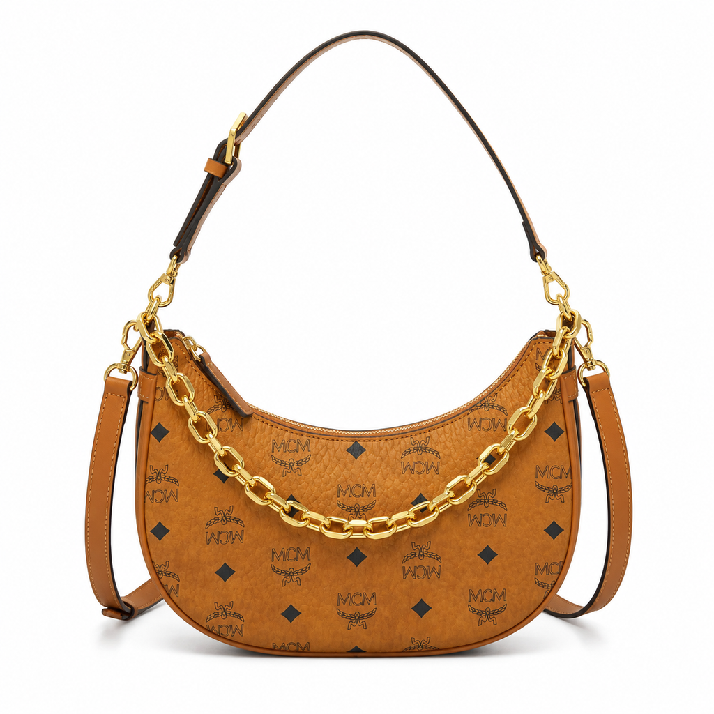 MCM Aren Crescent Hobo Bag – Small Visetos Monogram, Gold Chain, Cognac