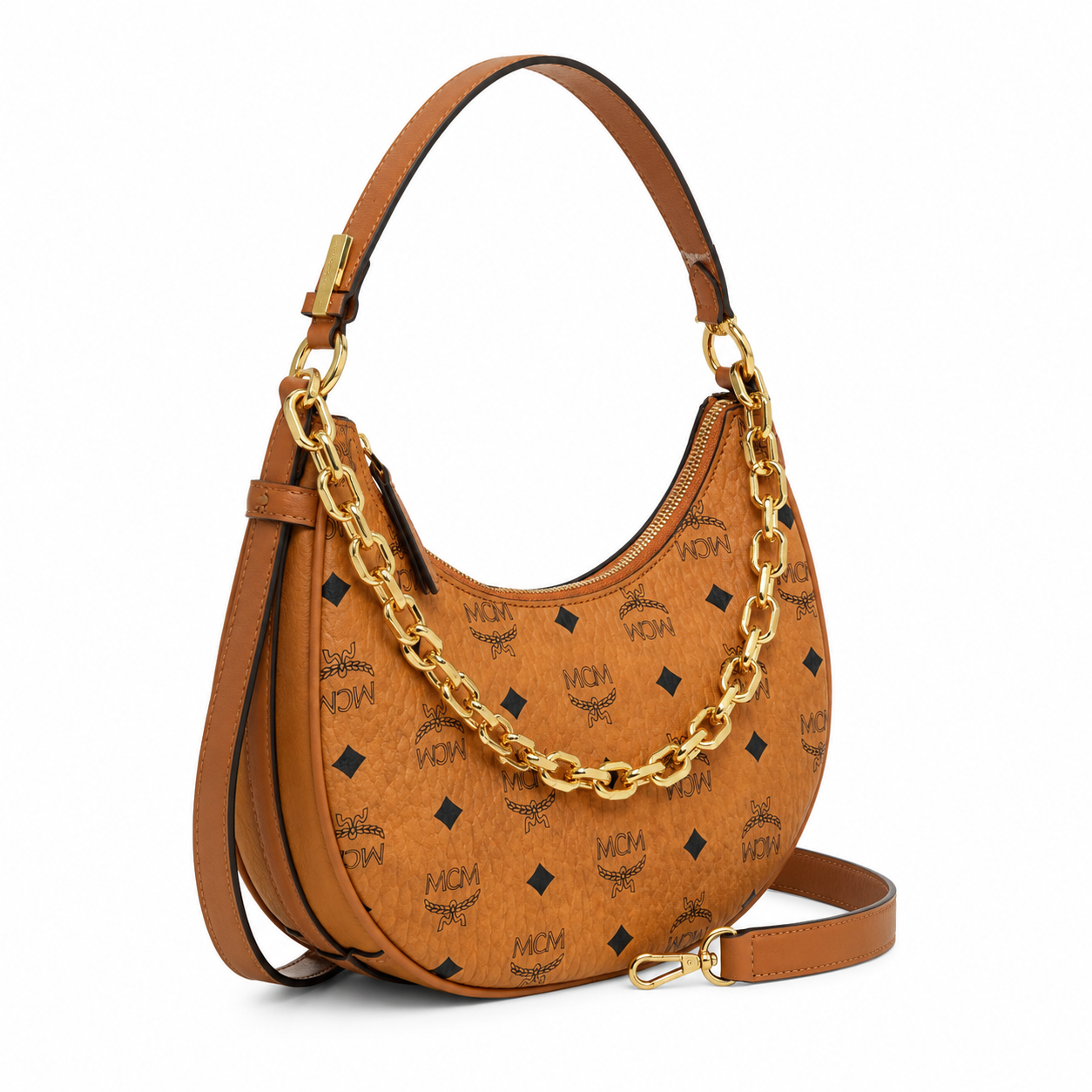 MCM Aren Crescent Hobo Bag – Small Visetos Monogram, Gold Chain, Cognac