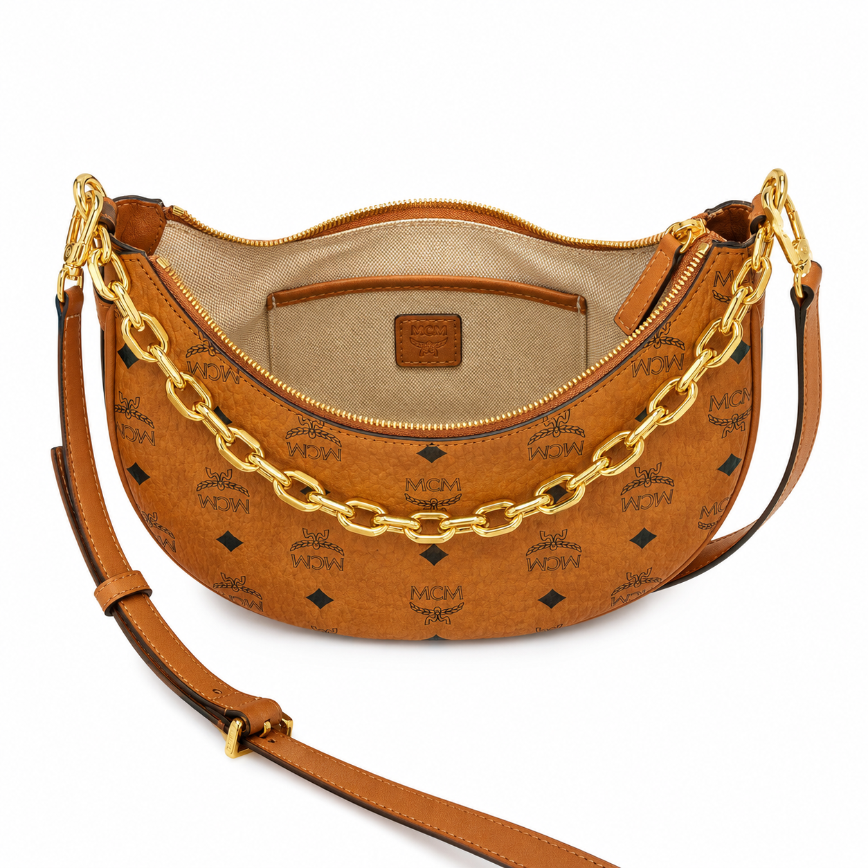 MCM Aren Crescent Hobo Bag – Small Visetos Monogram, Gold Chain, Cognac