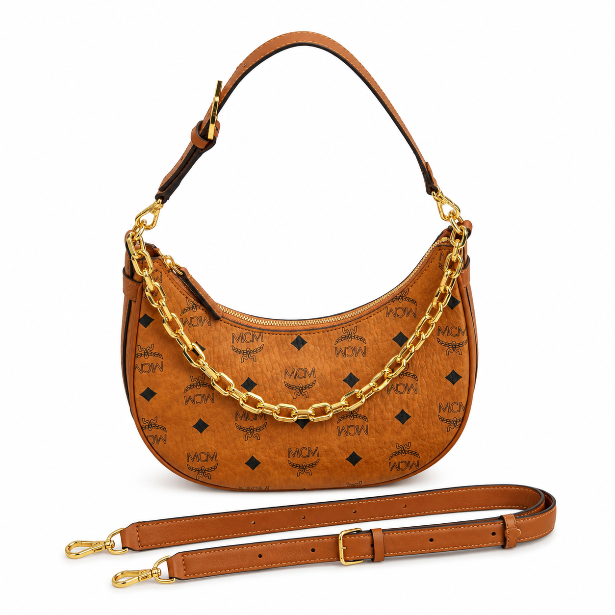 MCM Aren Crescent Hobo Bag – Small Visetos Monogram, Gold Chain, Cognac