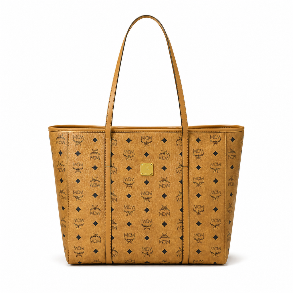 MCM Toni Visetos Tote Bag – Medium Cognac Monogram, Gold Plaque, Leather Handles