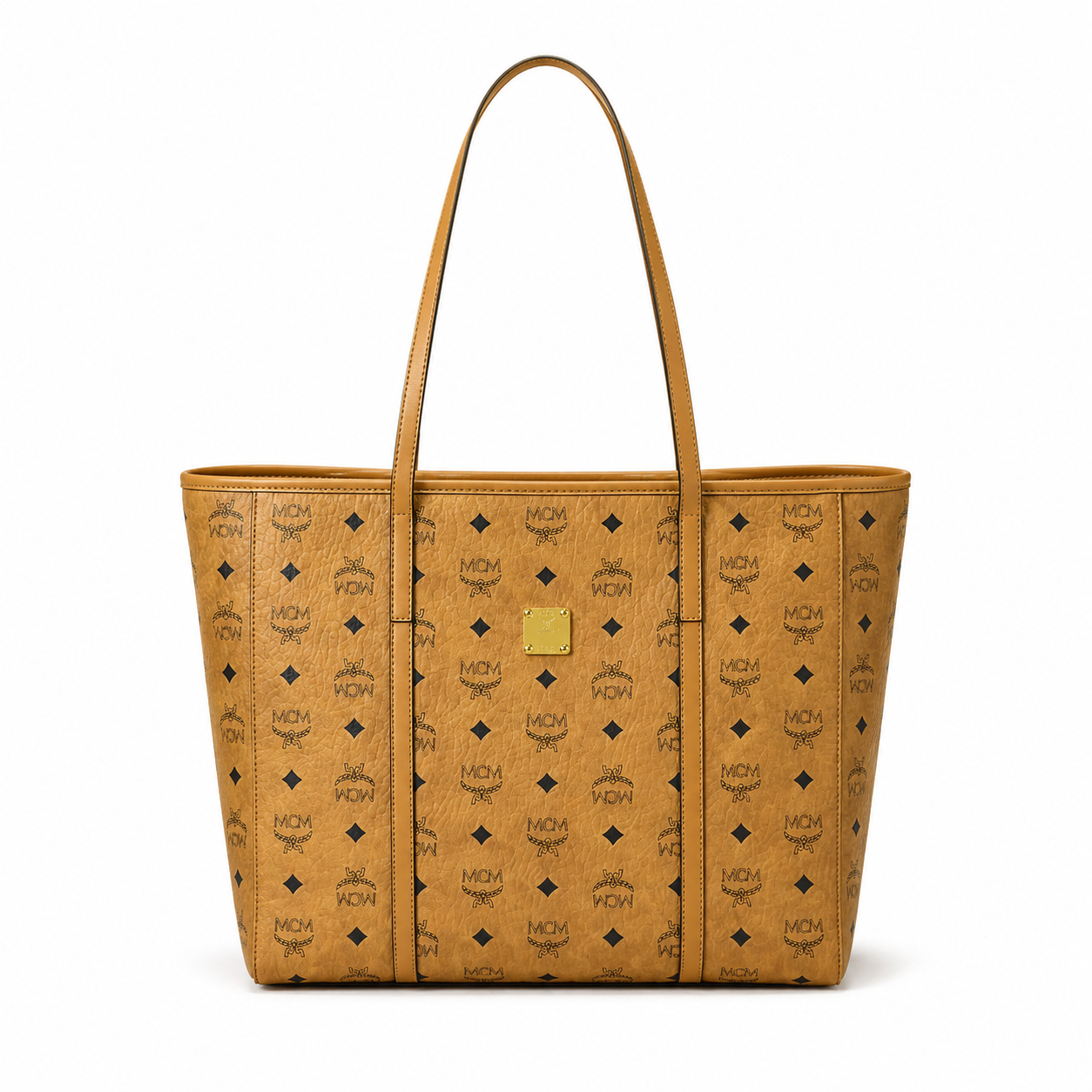 MCM Toni Visetos Tote Bag – Medium Cognac Monogram, Gold Plaque, Leather Handles
