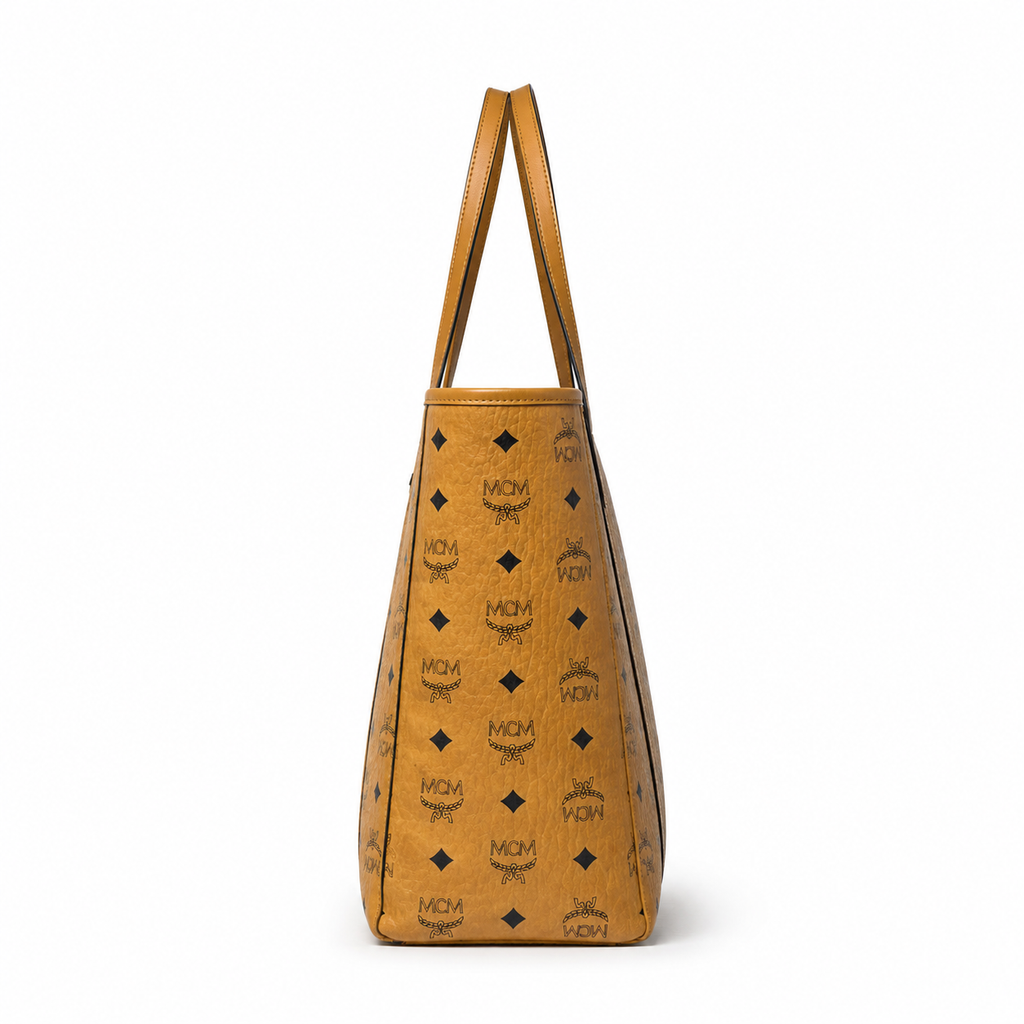 MCM Toni Visetos Tote Bag – Medium Cognac Monogram, Gold Plaque, Leather Handles
