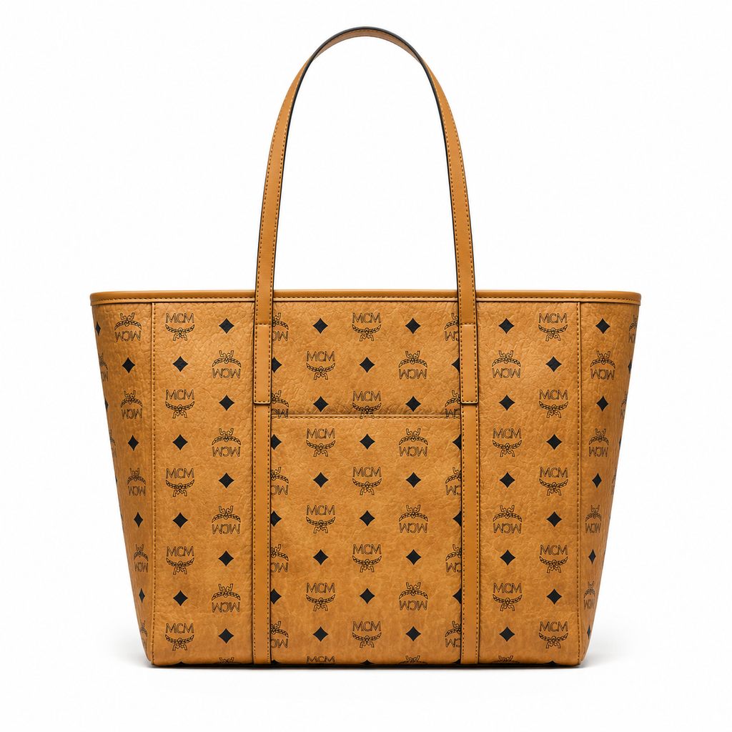 MCM Toni Visetos Tote Bag – Medium Cognac Monogram, Gold Plaque, Leather Handles