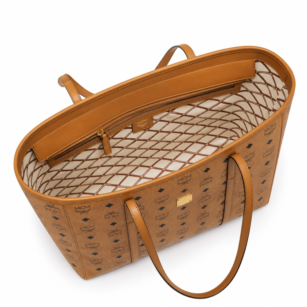 MCM Toni Visetos Tote Bag – Medium Cognac Monogram, Gold Plaque, Leather Handles