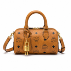 MCM Ella Visetos Mini Boston Bag – Cognac Monogram, Padlock, MWPCSVI01