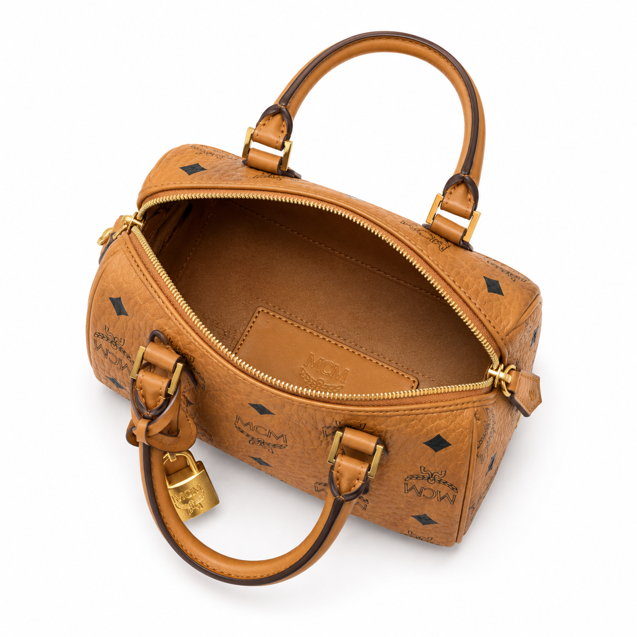 MCM Ella Visetos Mini Boston Bag – Cognac Monogram, Padlock, MWPCSVI01