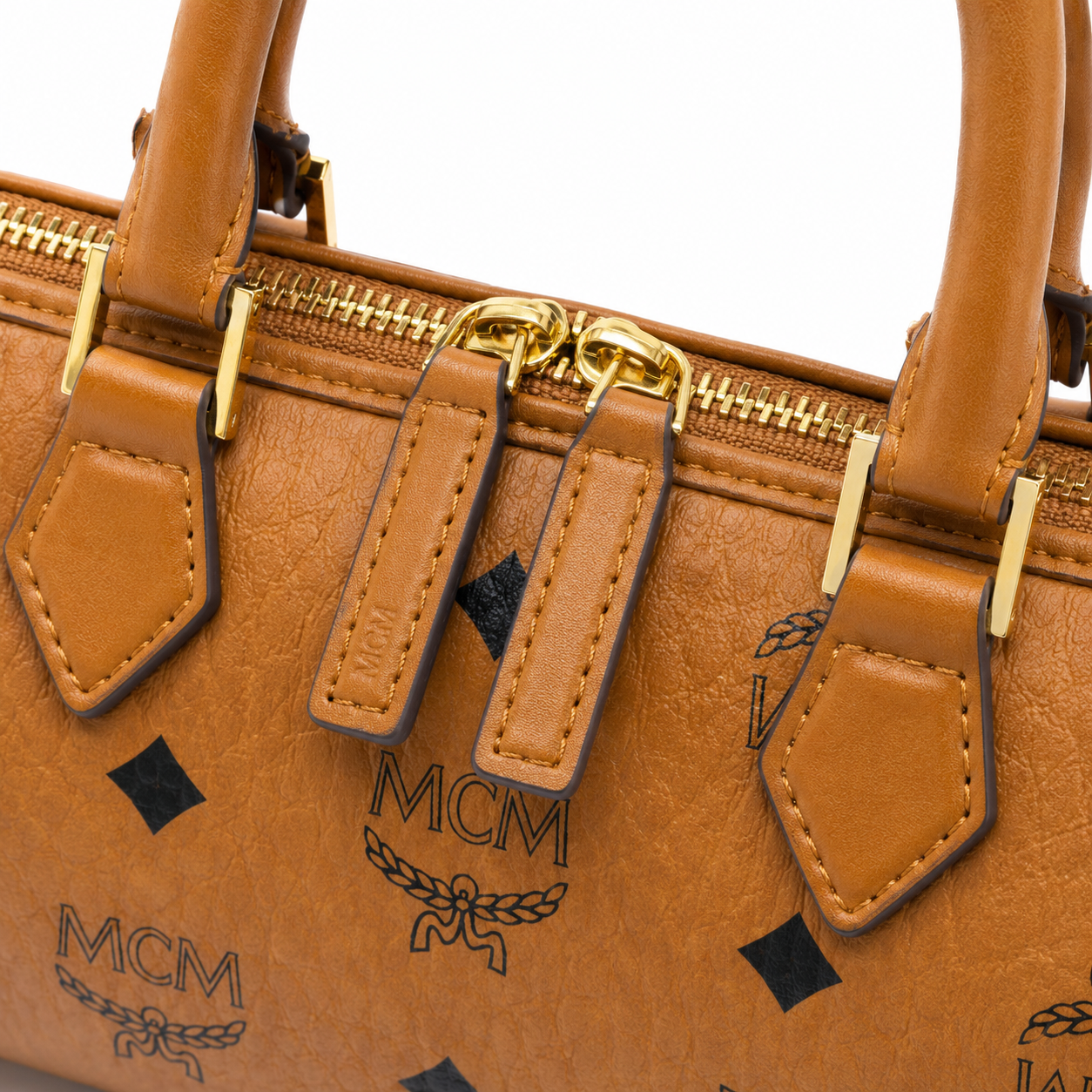 MCM Ella Visetos Mini Boston Bag – Cognac Monogram, Padlock, MWPCSVI01