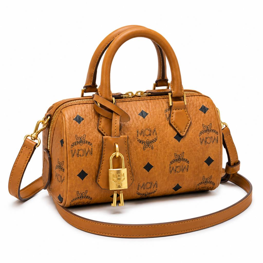 MCM Ella Visetos Mini Boston Bag – Cognac Monogram, Padlock, MWPCSVI01