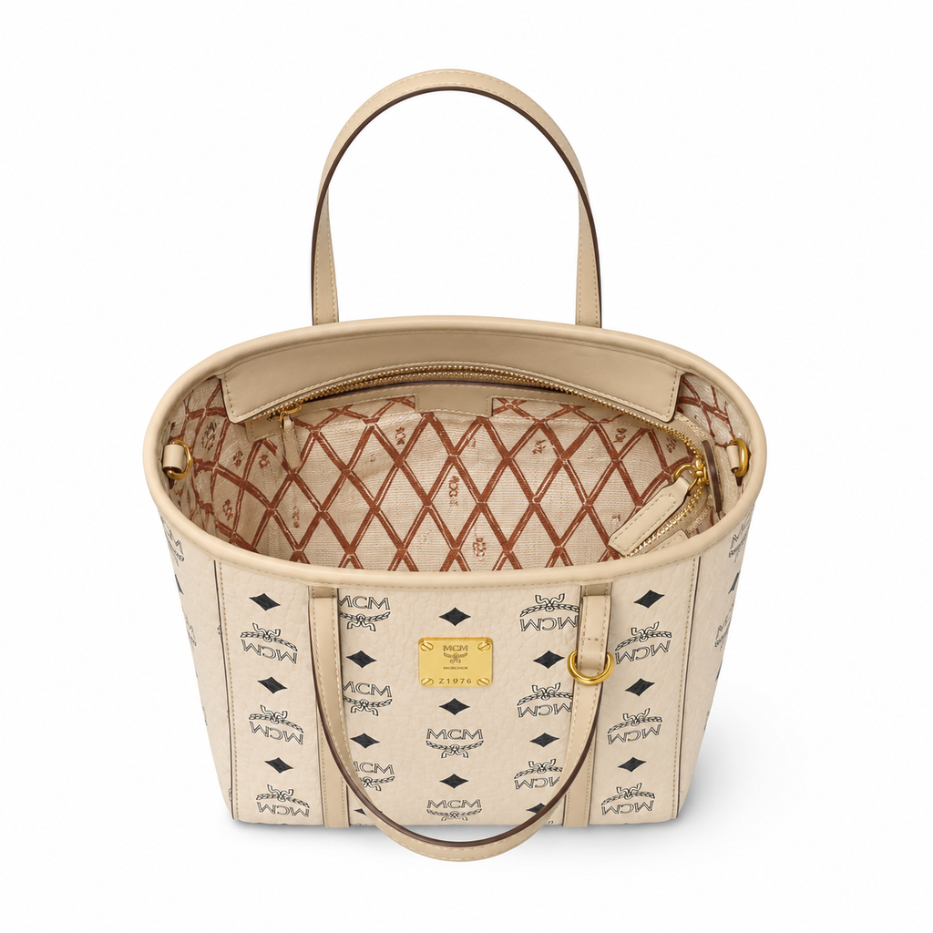 MCM Toni Visetos Mini Shopper Tote – Beige Monogram, Gold Plate, MWPAATN04