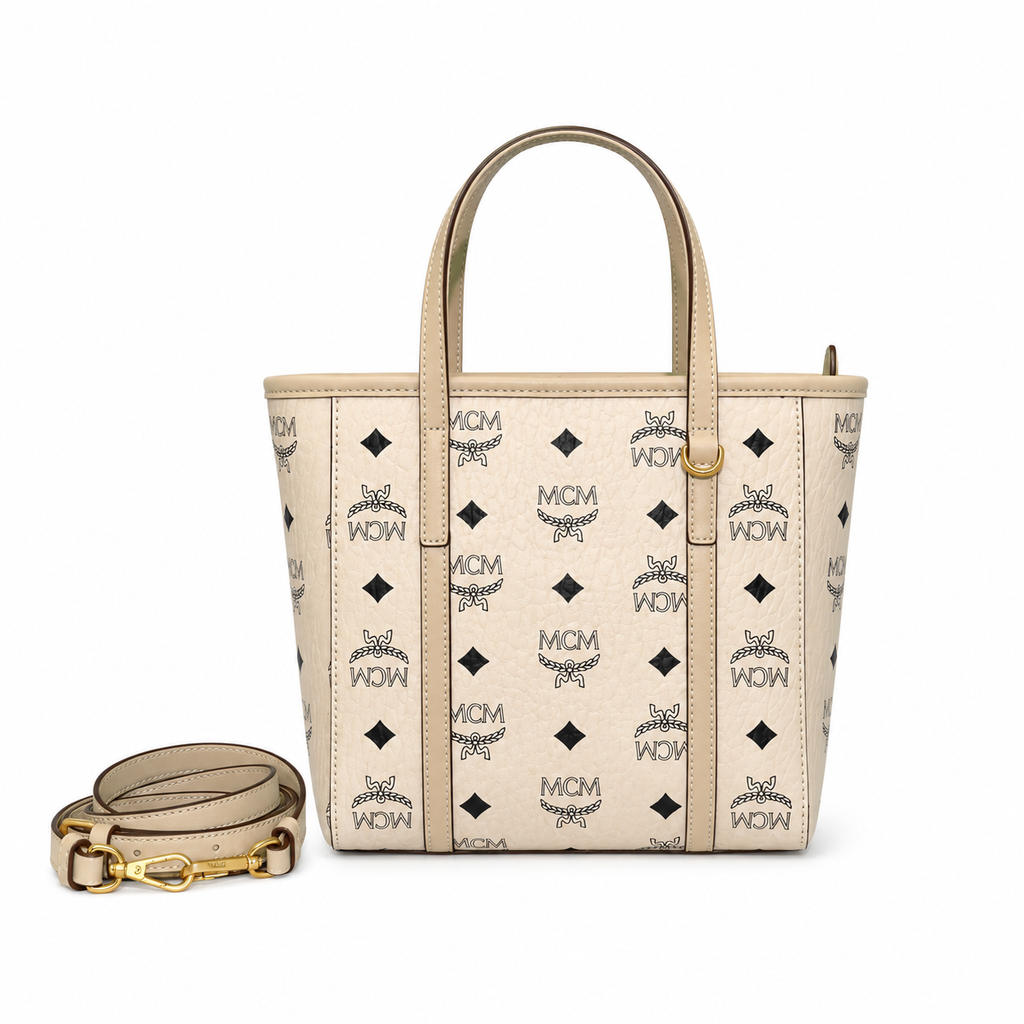 MCM Toni Visetos Mini Shopper Tote – Beige Monogram, Gold Plate, MWPAATN04