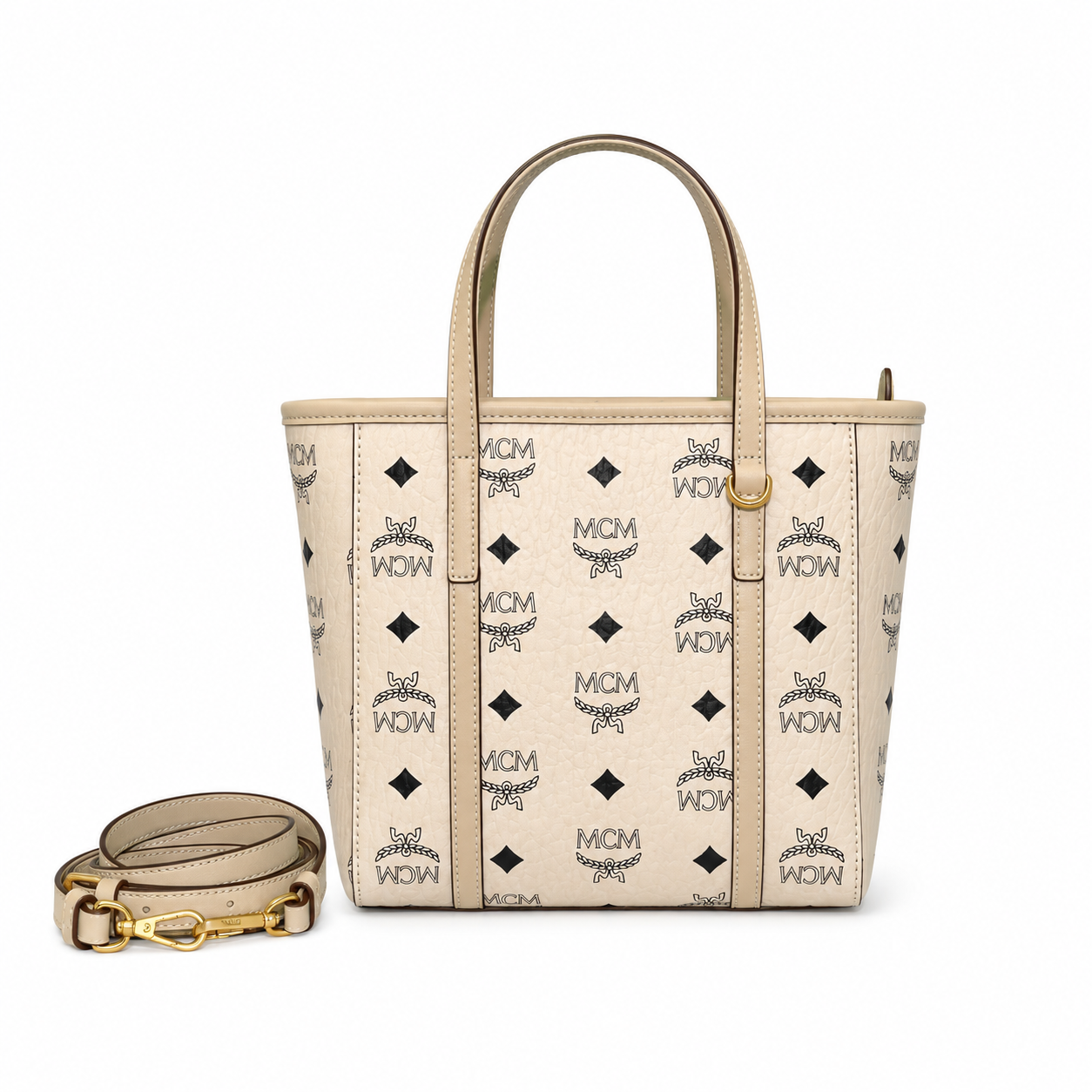 MCM Toni Visetos Mini Shopper Tote – Beige Monogram, Gold Plate, MWPAATN04