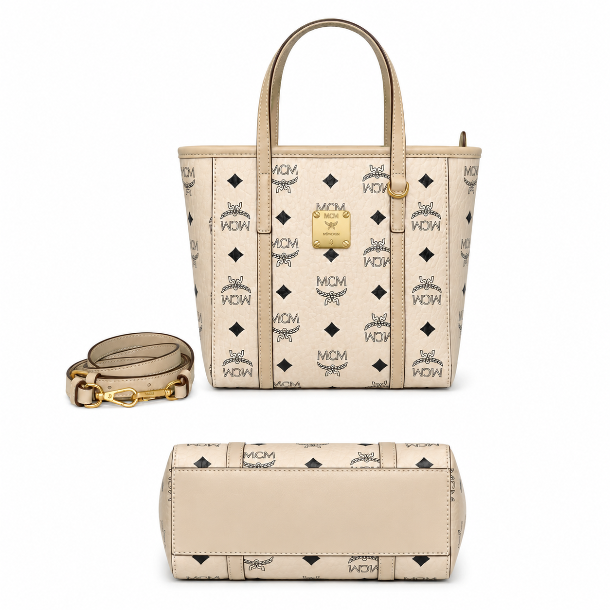 MCM Toni Visetos Mini Shopper Tote – Beige Monogram, Gold Plate, MWPAATN04