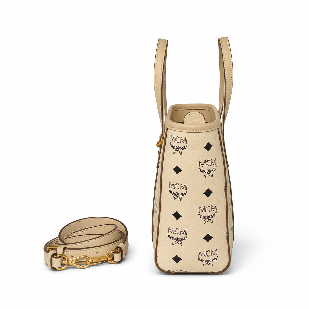 MCM Toni Visetos Mini Shopper Tote – Beige Monogram, Gold Plate, MWPAATN04