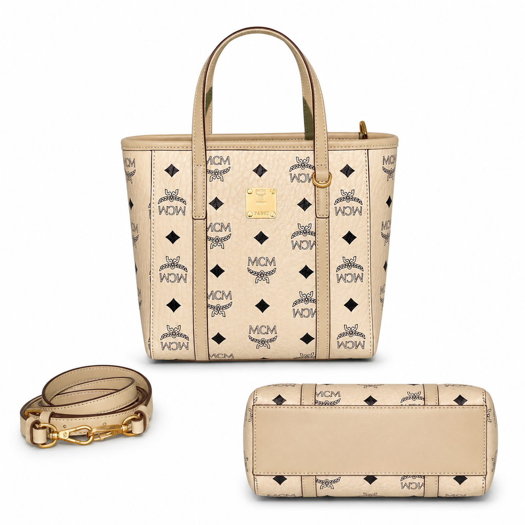 MCM Toni Visetos Mini Shopper Tote – Beige Monogram, Gold Plate, MWPAATN04