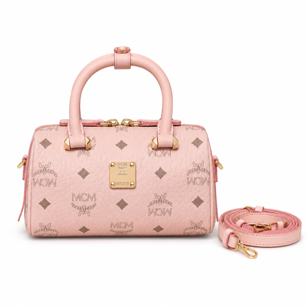 MCM Boston Visetos Mini Boston Bag – Pink Monogram, Gold Hardware, MWPA9BO05