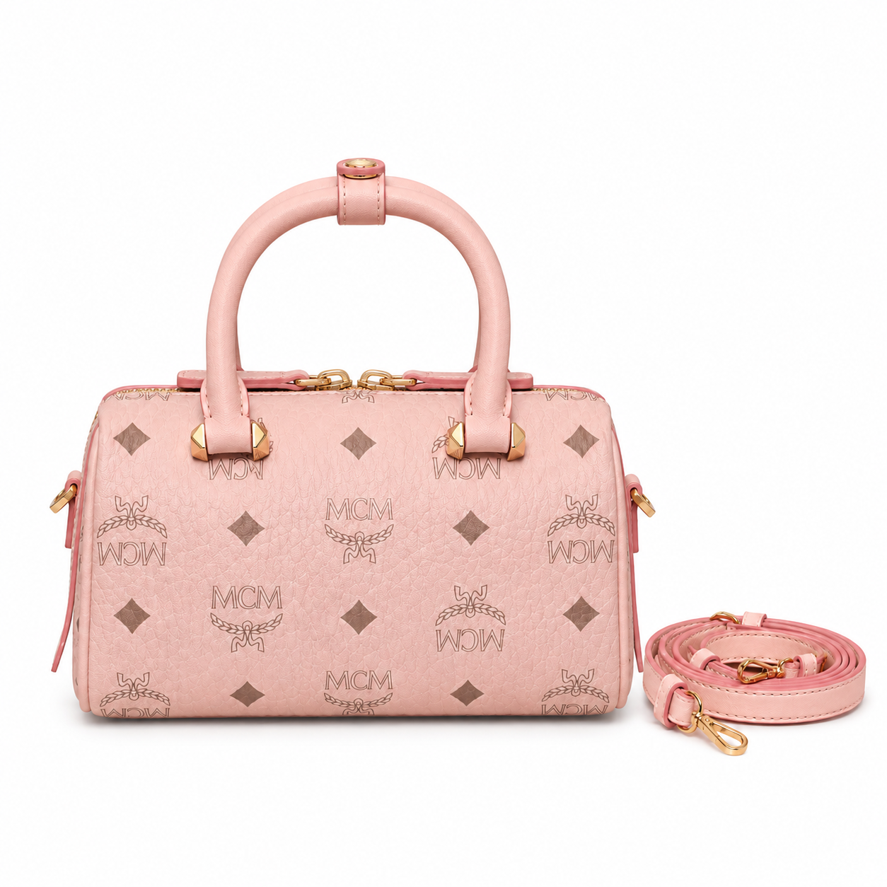 MCM Boston Visetos Mini Boston Bag – Pink Monogram, Gold Hardware, MWPA9BO05