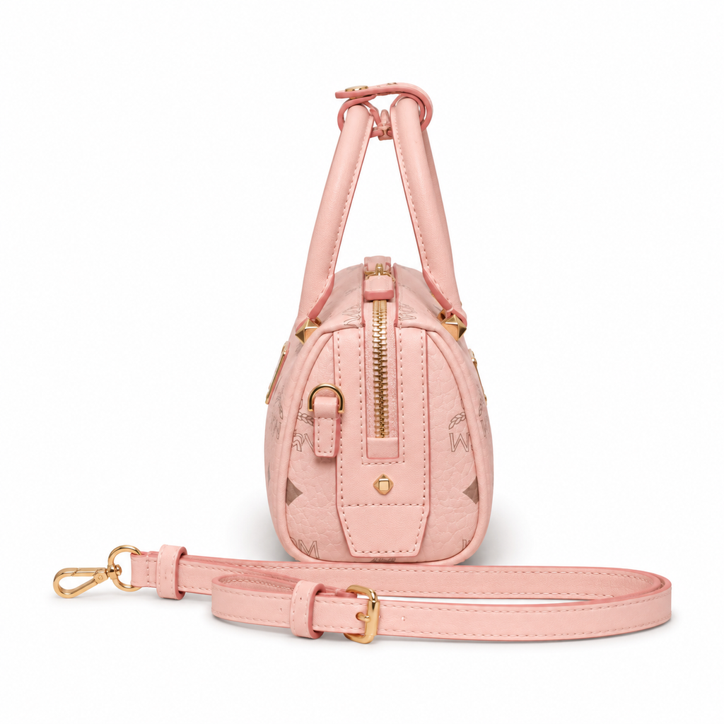 MCM Boston Visetos Mini Boston Bag – Pink Monogram, Gold Hardware, MWPA9BO05
