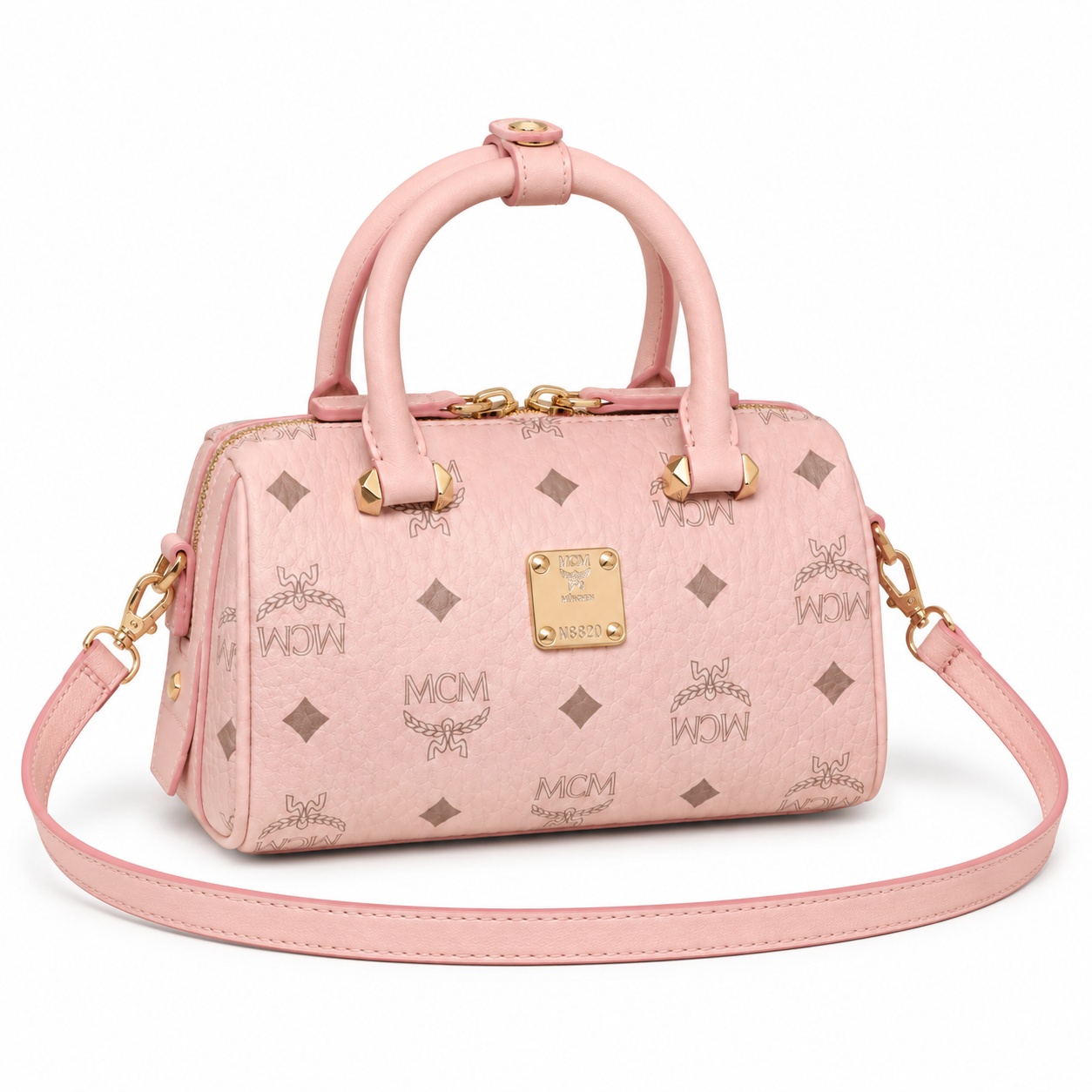 MCM Boston Visetos Mini Boston Bag – Pink Monogram, Gold Hardware, MWPA9BO05