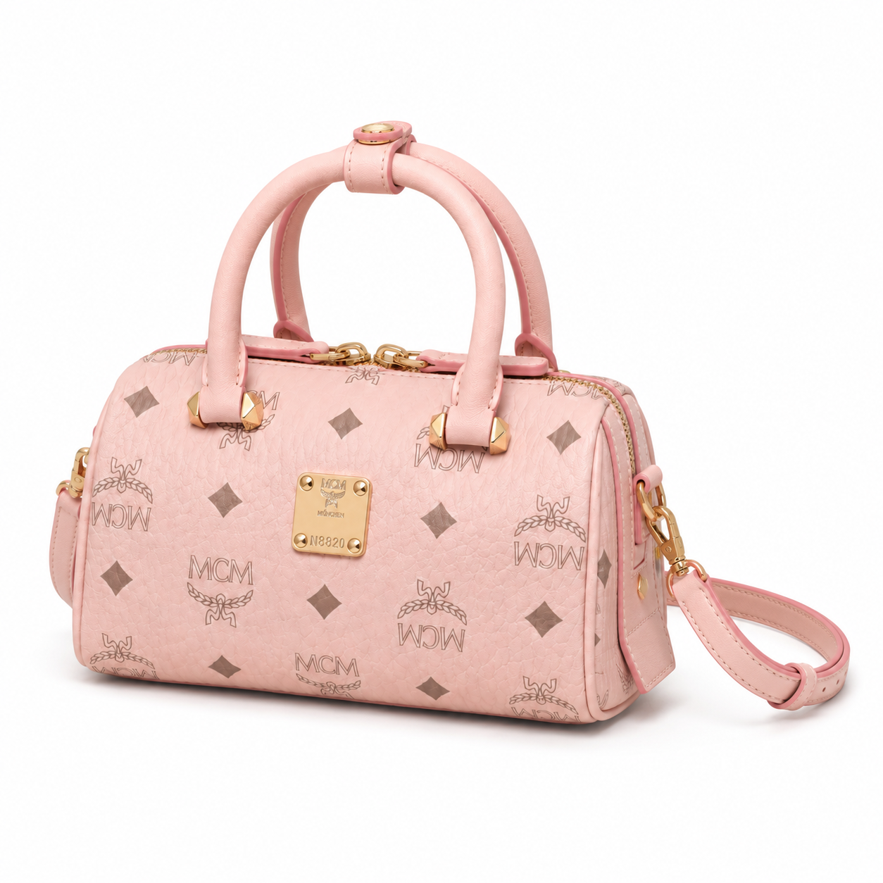 MCM Boston Visetos Mini Boston Bag – Pink Monogram, Gold Hardware, MWPA9BO05