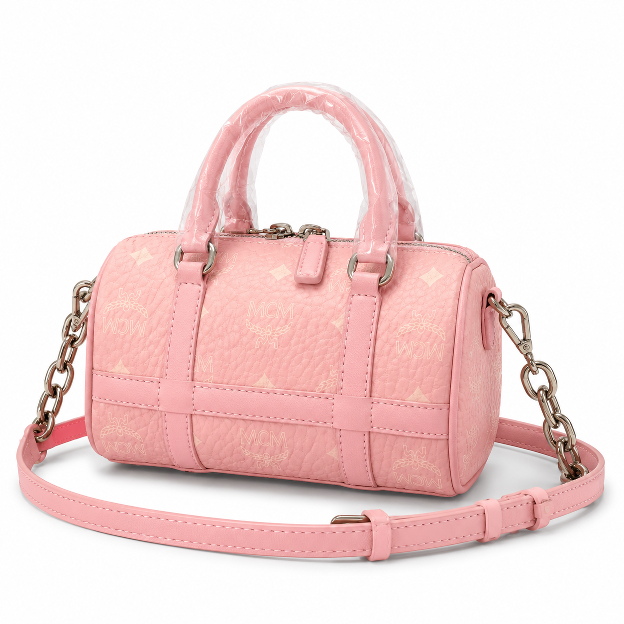MCM Grid Leather Mini Boston Bag – Pink Embossed Monogram, Silver Hardware
